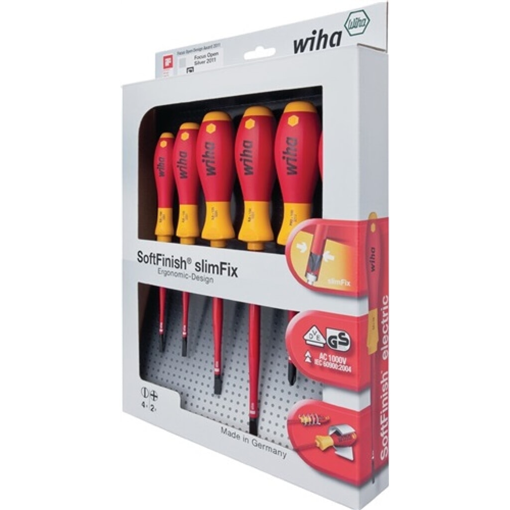 WIHA Schraubendrehersatz SoftFinish VDE isoliert slimFix, 6-tlg, Schlitz 3,5/4/5,5/6,5/PH 1/2 brün. Rundkl. Produktabbildung: WIHA Schraubendrehersatz SoftFinish VDE isoliert slimFix, 6-tlg, Schlitz 3,5/4/5,5/6,5/PH 1/2 brün. Rundkl.