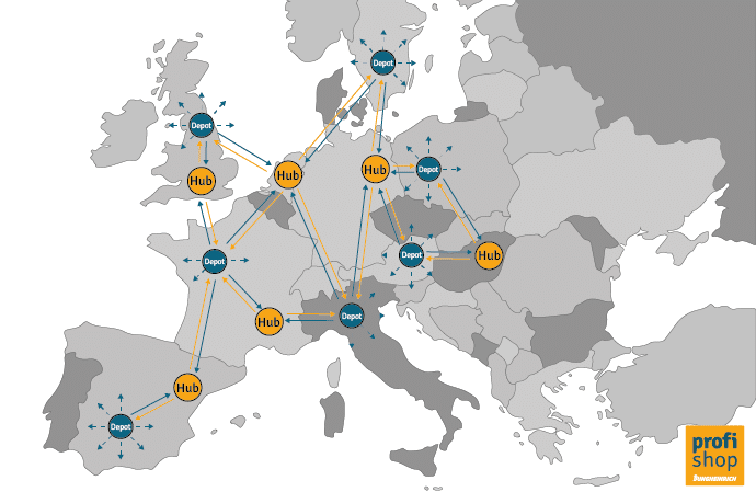 Schéma illustrant la répartition des hubs et des dépôts au niveau international.