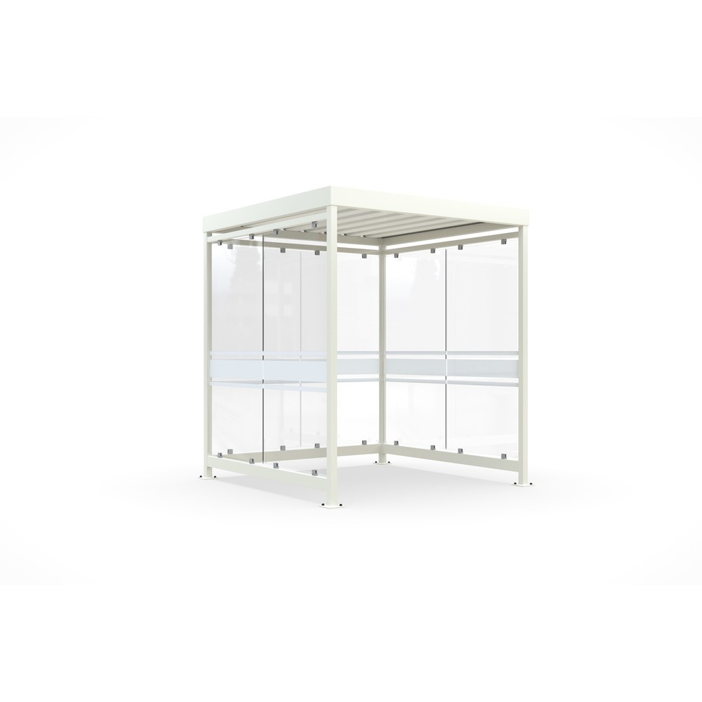 Produktabbildung: wsm® Raucherunterstand, fertig montiert, für 4-9 Personen, 6 Elemente, RAL 9002 grauweiß - mit Glasdekor