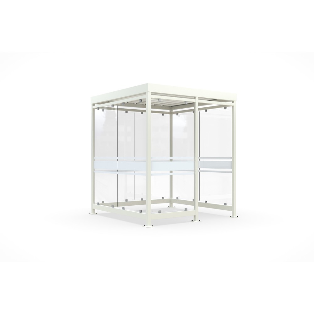 Produktabbildung: wsm® Raucherunterstand, fertig montiert, für 4-9 Personen, 7 Elemente, RAL 9002 grauweiß - mit Glasdekor