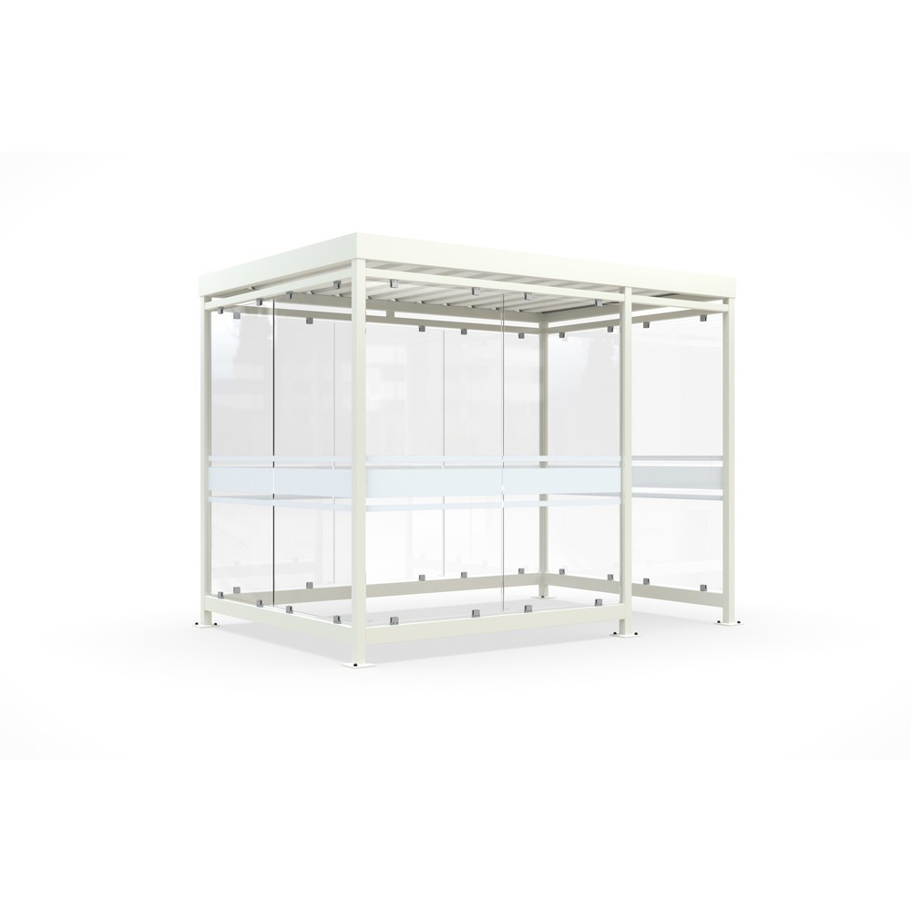 Produktabbildung: wsm® Raucherunterstand, fertig montiert, für 7-9 Personen, 9 Elemente, RAL 9002 grauweiß - mit Glasdekor