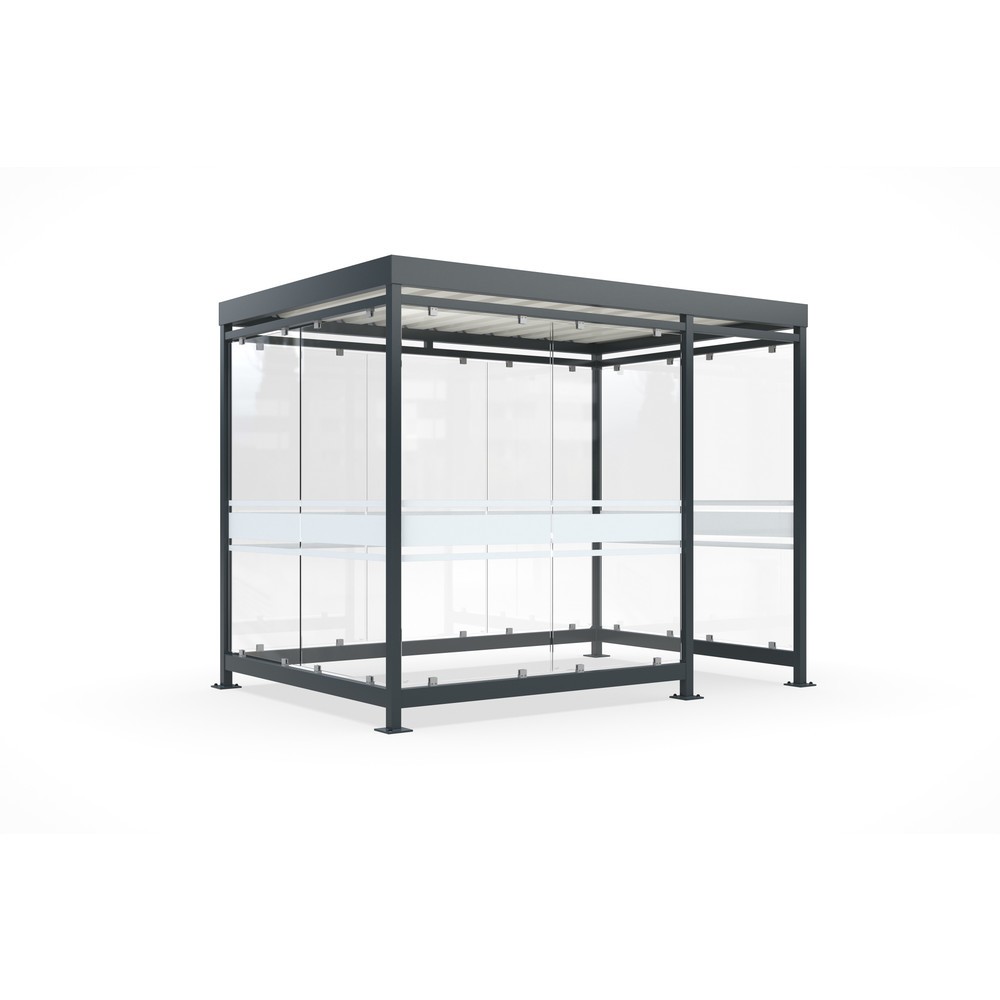 Produktabbildung: wsm® Raucherunterstand, fertig montiert, für 7-9 Personen, 9 Elemente, RAL 7016 anthrazitgrau - mit Glasdekor