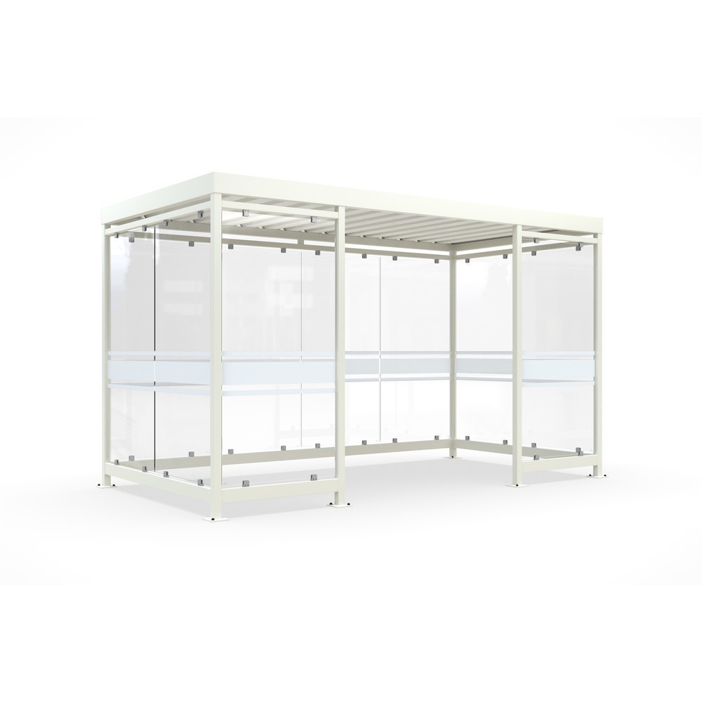 Produktabbildung: wsm® Raucherunterstand, fertig montiert, für 9-10 Personen, 10 Elemente, RAL 9002 grauweiß - mit Glasdekor