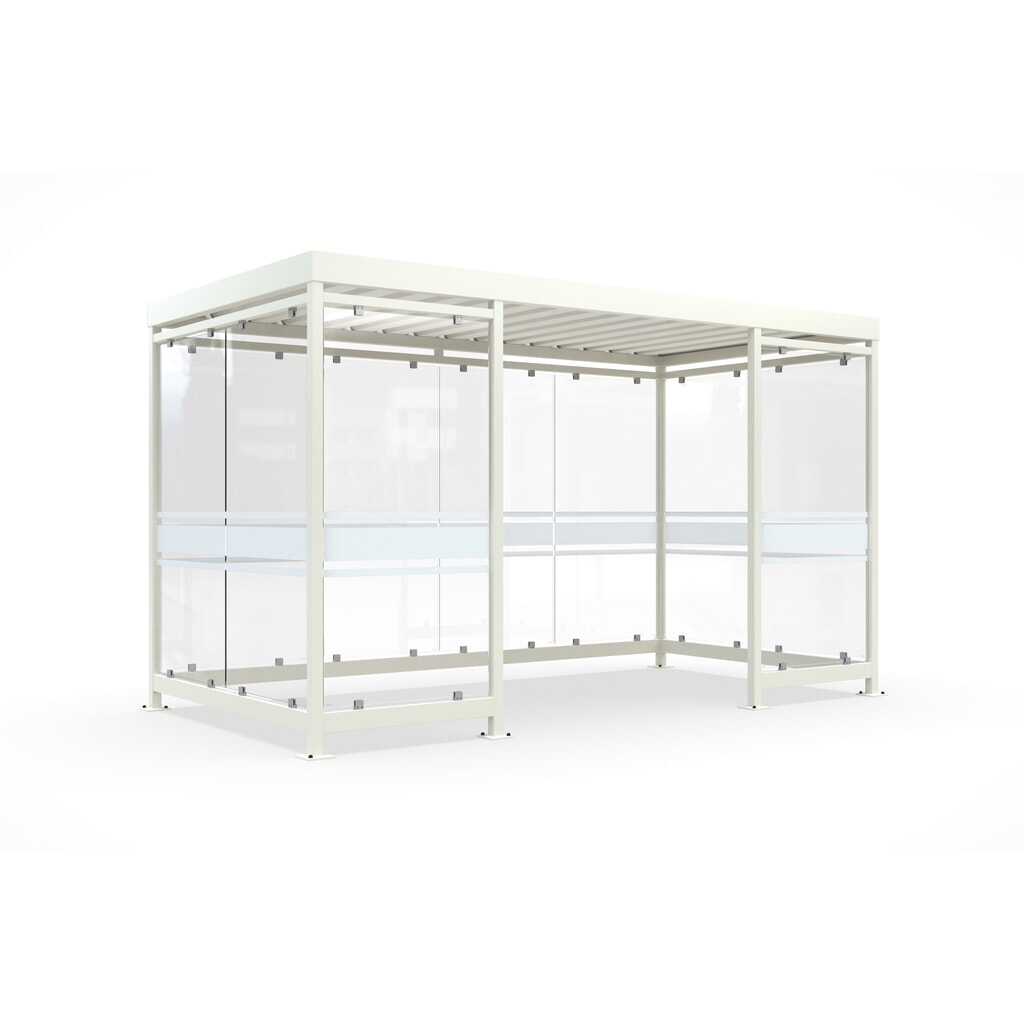 wsm® Raucherunterstand, fertig montiert, für 9-10 Personen, 10 Elemente, RAL 9002 grauweiß - mit Glasdekor Produktabbildung: wsm® Raucherunterstand, fertig montiert, für 9-10 Personen, 10 Elemente, RAL 9002 grauweiß - mit Glasdekor