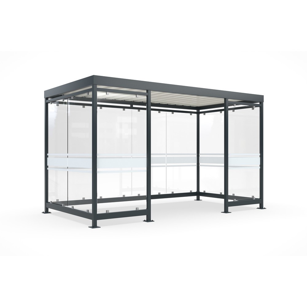 Produktabbildung: wsm® Raucherunterstand, fertig montiert, für 9-10 Personen, 10 Elemente, RAL 7016 anthrazitgrau - mit Glasdekor