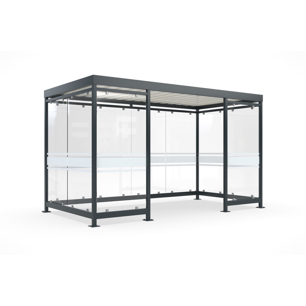 Produktabbildung: wsm® Raucherunterstand, fertig montiert, für 9-10 Personen, 10 Elemente, RAL 7016 anthrazitgrau - mit Glasdekor