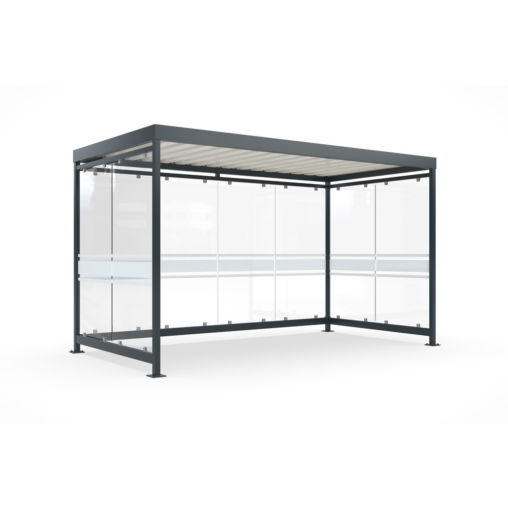 Produktabbildung: wsm® Raucherunterstand, fertig montiert, für 9-10 Personen, 8 Elemente, RAL 7016 anthrazitgrau - mit Glasdekor