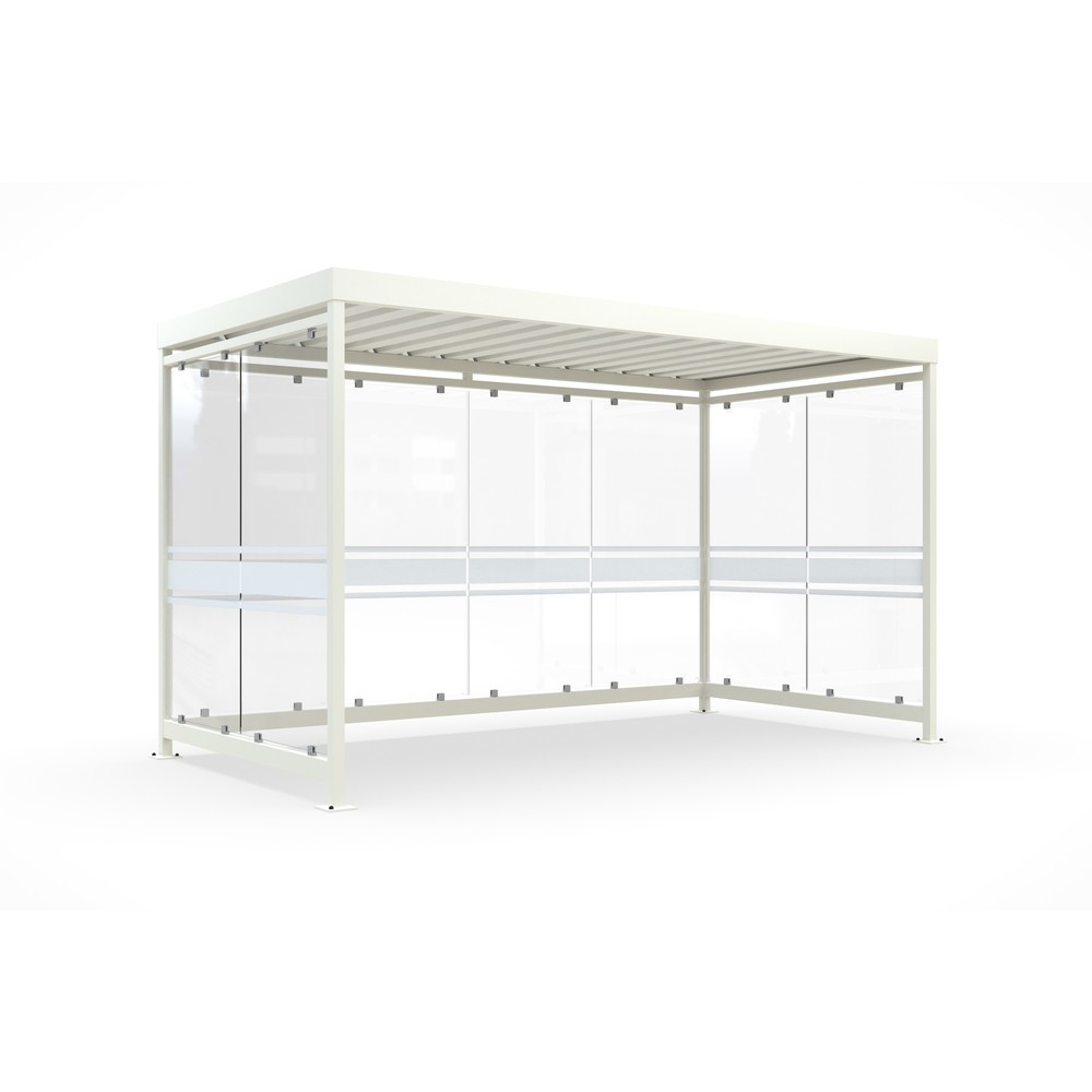 Produktabbildung: wsm® Raucherunterstand, fertig montiert, für 9-10 Personen, 8 Elemente, RAL 9002 grauweiß - mit Glasdekor