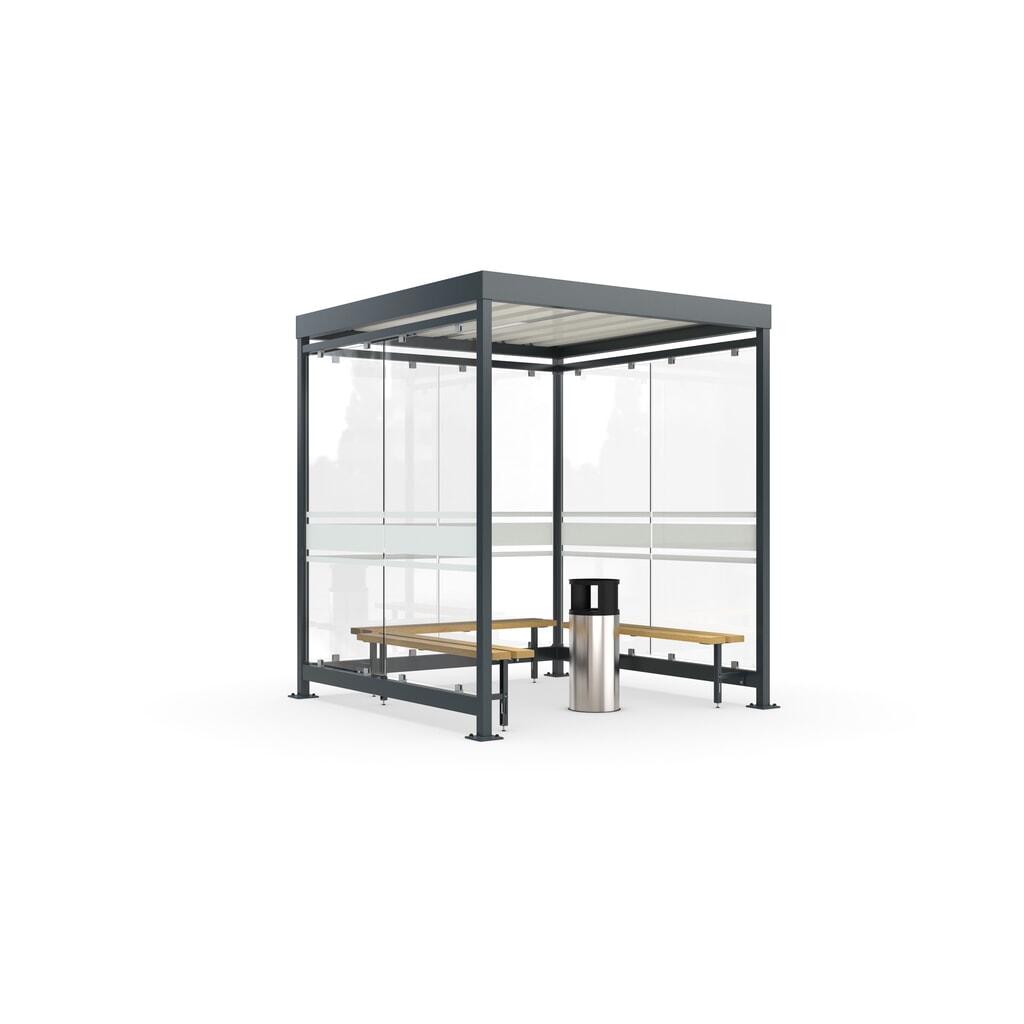 Produktabbildung: wsm® Raucherunterstand Köln, U-Form, inkl. Bank, Standascher und Beleuchtung