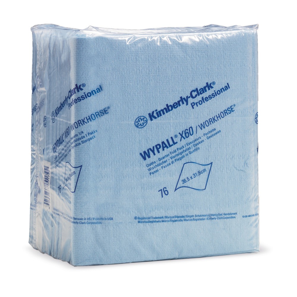 Wischtücher WypAll® X60 für Werkstatt, Fertigung und Industrie Sie erhalten diese Reinigungstücher in verschiedenen Verpackungen und Einheiten: Als Großrolle mit Perforierung, viertelgefaltet im wasserabweisenden Beutel oder in der Tücher-Box speziell für den mobilen Einsatz. Die 1-lagigen, chlorfrei gebleichten Reinigungstücher WypAll® X60 bestehen aus dem saugstarken und reißfesten Material HYDROKNIT. Es setzt sich zu 80 % aus Zellstofffasern und zu 20 % aus Polypropylen zusammen. Die beiden Materialien sind so miteinander verwoben, dass eine textilähnliche, robuste Struktur entsteht. Diese bedingt, dass die Reinigungstücher mehrfach verwendet werden können. Setzen Sie die WypAll® X60 Wischtücher ein, um Öl und feste Verunreinigungen zu beseitigen und glatte Oberflächen oder kleine sowie schwer zugängliche Maschinenteile zu reinigen. Kaufen Sie die Wischtücher WypAll® X60 hier bei uns.WypAll® Wischtücher X60, HxB 310 x 320 mm, viertelgefaltet, weiß WypAll® Wischtücher X60, HxB 310 x 320 mm, viertelgefaltet, weiß